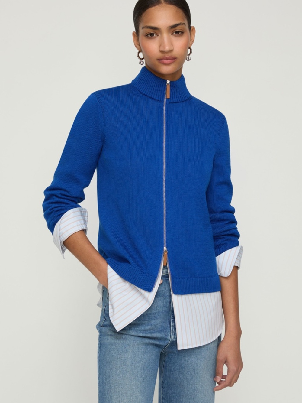 Lafayette 148 New York Cotton-Silk Tape Knit Bomber Jacket Galaxy Blue M NWOT